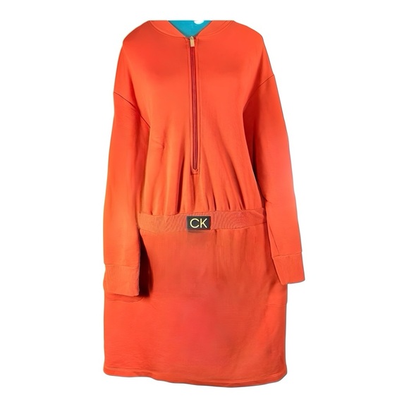 Calvin Klein Orange Zip-Front Knit Dress - Long Sleeve Casual Midi with Pockets - Picture 1 of 12